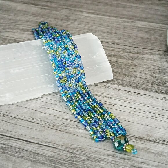 Boho Chic Beaded Bracelet, Green & Blue Seed Bead Jewelry, Herringbone 6" - Picture 3 of 11